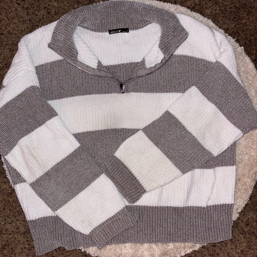 Cozy Gray and White Striped Sweater